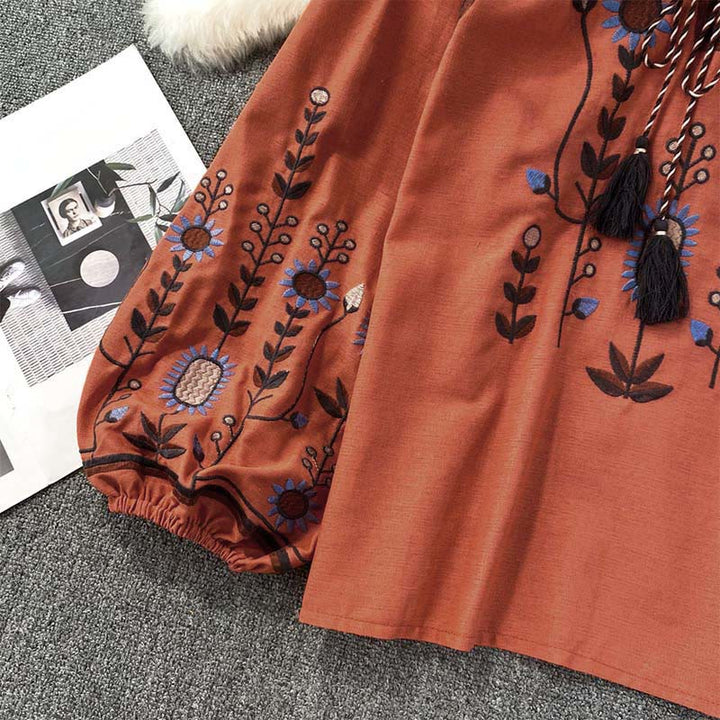 Buddha Stones Casual Embroidery Flower Leaf Pattern Women's Cotton Linen Round Neck T-shirt  - image 20