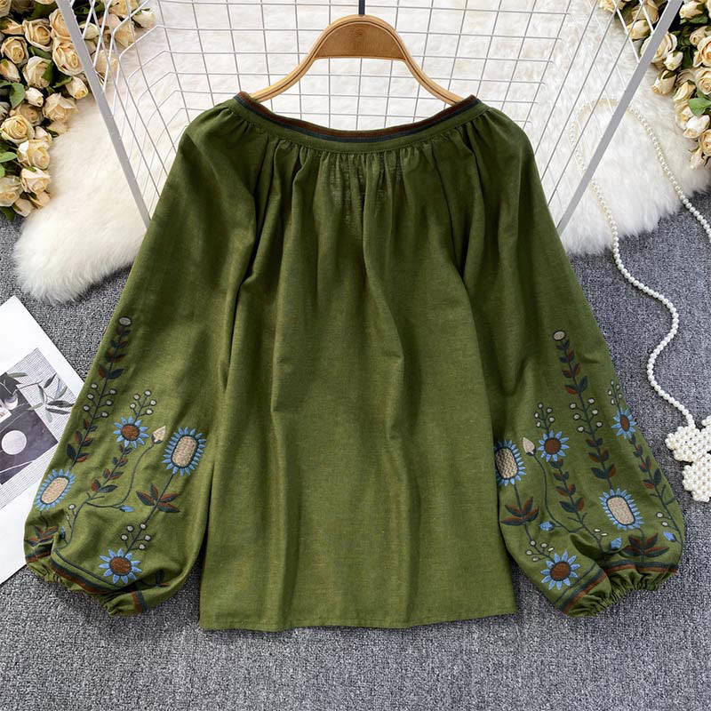 Buddha Stones Casual Embroidery Flower Leaf Pattern Women's Cotton Linen Round Neck T-shirt  - image 1