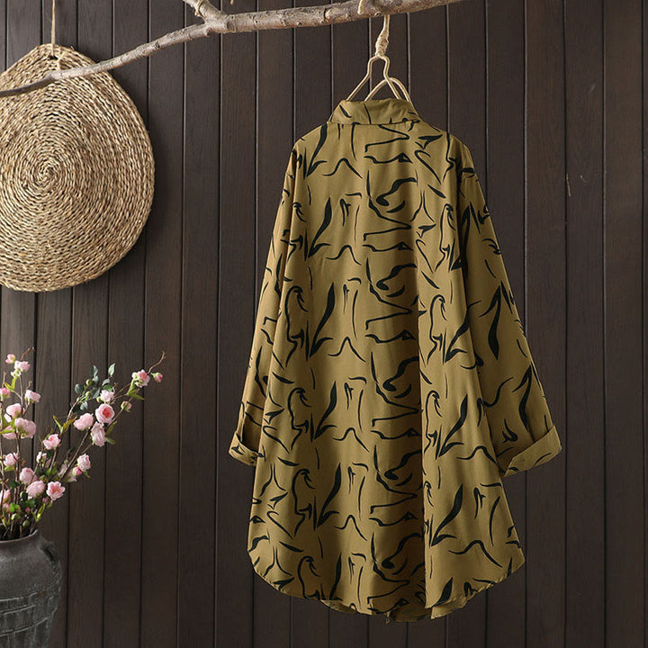 Buddha Stones Spring Fall Stand Collar Line Pattern Long Sleeve Women's Cotton Polyester Shirt  - image 3