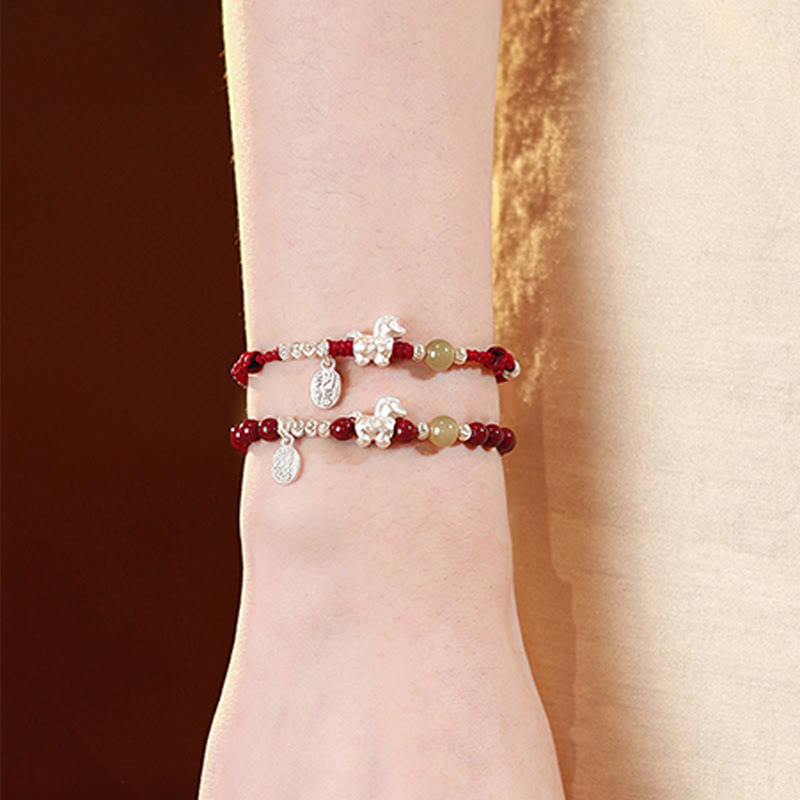 Buddha Stones Year Of The Horse Cinnabar Hetian Jade 999 Sterling Silver Red String Concentration Bracelet - image 20