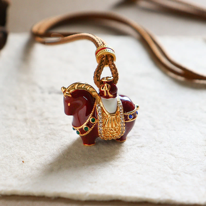 Buddha Stones Year Of The Horse Copper Balance Necklace Pendants - Enamel Saddle Horse - image 0