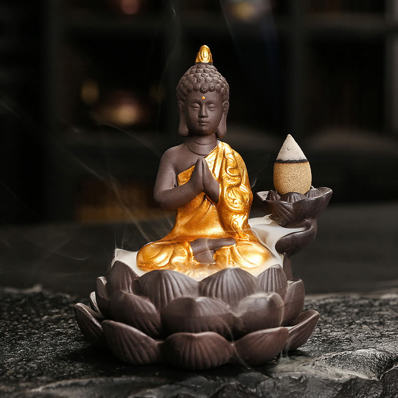 Buddha Stones Buddha Serenity Home Decoration Incense Burner - Golden Buddha Pray For Blessings(9.1*7.8*10.7 cm) - image 4
