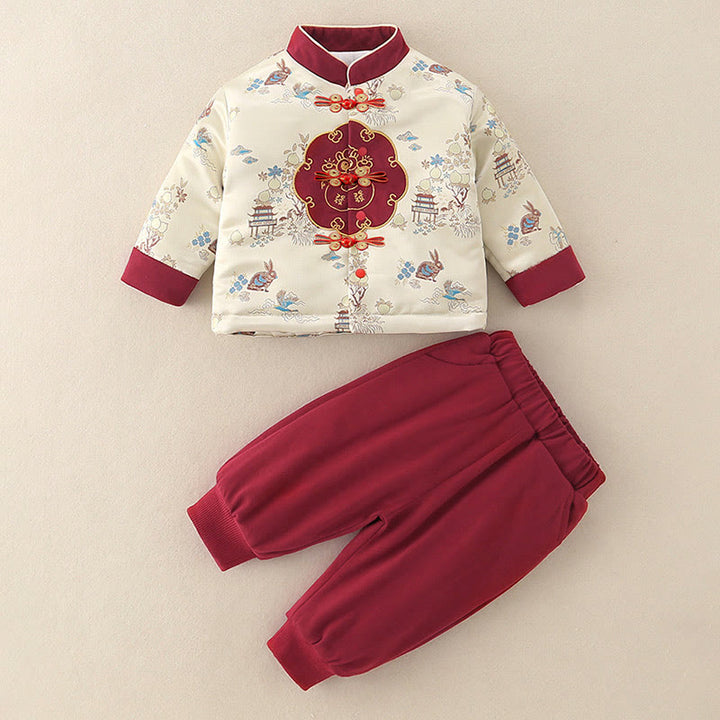 Buddha Stones 2Pcs Winter Rabbit Peach Design Baby Toddler Boy Cotton Long Sleeve Tang Suit Elastic Waist Pants With Pockets Outfit Sets - image 4