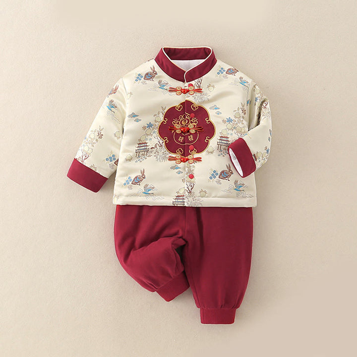 Buddha Stones 2Pcs Winter Rabbit Peach Design Baby Toddler Boy Cotton Long Sleeve Tang Suit Elastic Waist Pants With Pockets Outfit Sets - image 2