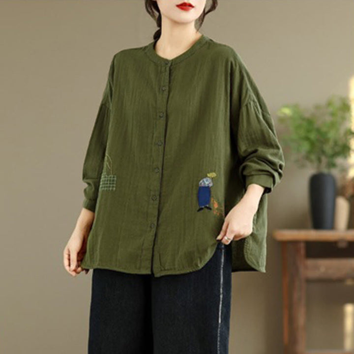 Buddha Stones Fall Embroidery Human Figure Dog Pattern Round Neck Buttons Women's Long Sleeve Shirt - image 23