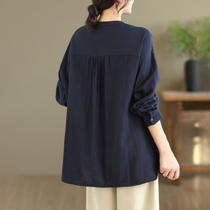 Buddha Stones Fall Embroidery Human Figure Dog Pattern Round Neck Buttons Women's Long Sleeve Shirt - image 6