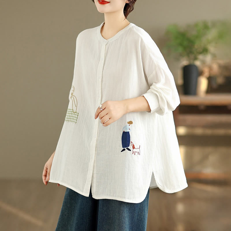 Buddha Stones Fall Embroidery Human Figure Dog Pattern Round Neck Buttons Women's Long Sleeve Shirt - image 13