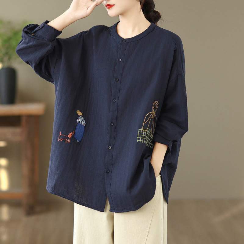 Buddha Stones Fall Embroidery Human Figure Dog Pattern Round Neck Buttons Women's Long Sleeve Shirt - DarkBlue - US14，UK/AU18，EU46 (2XL) - image 0