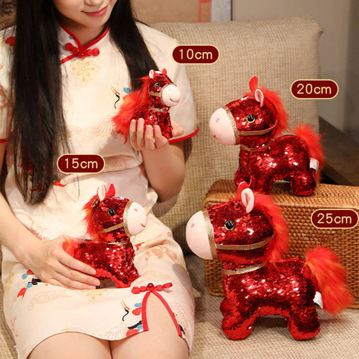 Buddha Stones Year Of The Horse Sequins Design Stuffed Pony Plush Doll Home Decoration - image 3