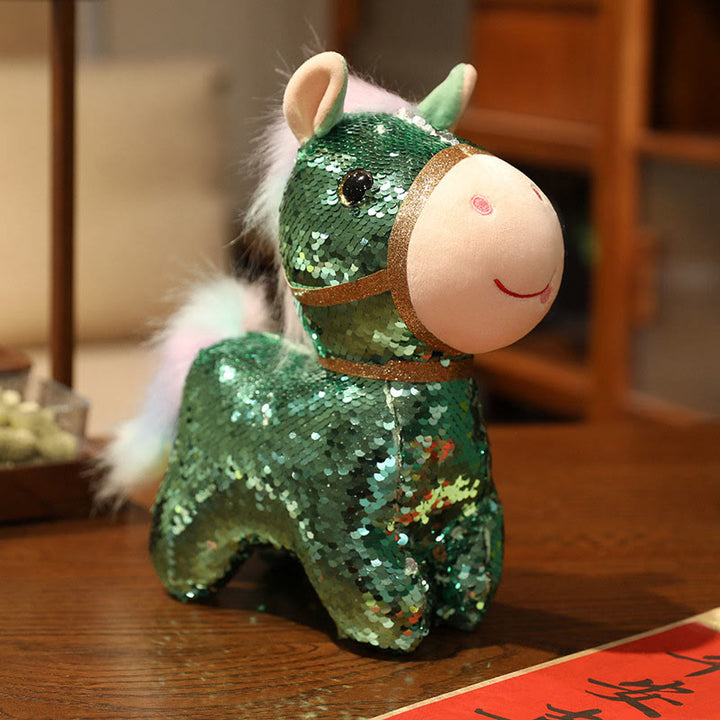 Buddha Stones Year Of The Horse Sequins Design Stuffed Pony Plush Doll Home Decoration - Green - 27*11*27cm - image 5