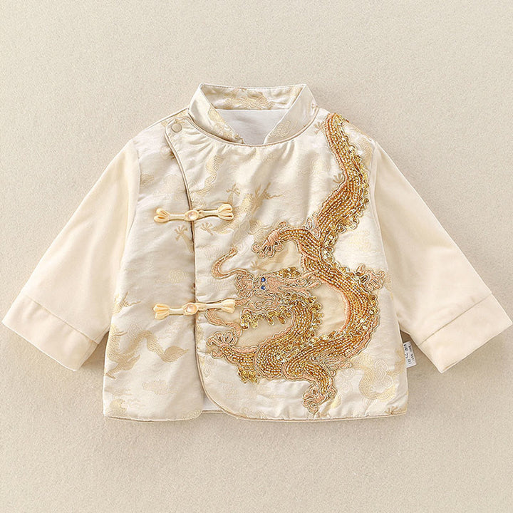 Buddha Stones 2Pcs Winter Cute Dragon Design Baby Boy Cotton Long Sleeve Tang Suit Elastic Waist Pants Outfit Sets - image 4