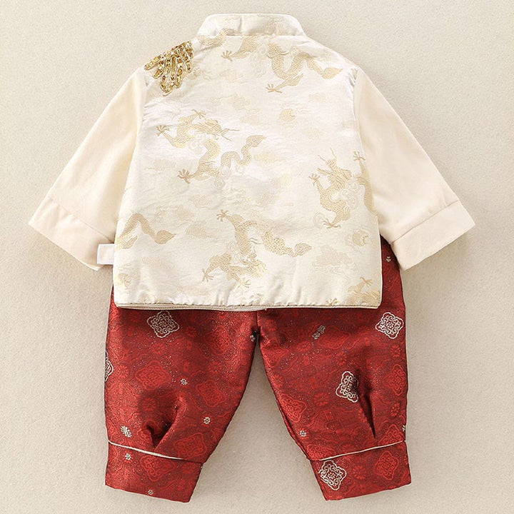 Buddha Stones 2Pcs Winter Cute Dragon Design Baby Boy Cotton Long Sleeve Tang Suit Elastic Waist Pants Outfit Sets - image 3