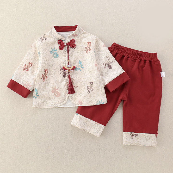 Buddha Stones 2Pcs Winter Koi Fish Butterfly Design Baby Girl Cotton Long Sleeve Tang Suit Elastic Waist Pants Outfit Sets - image 2