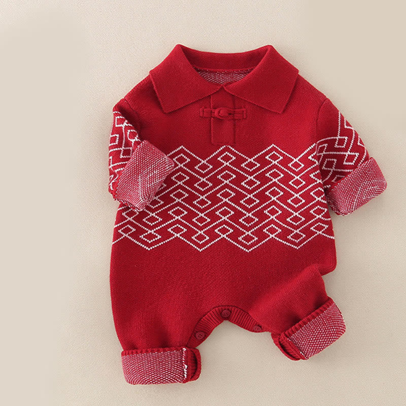 Buddha Stones Fall Winter Red Diamond Pattern Baby Girl Long Sleeve Knitted One-pieces Rompers - image 4