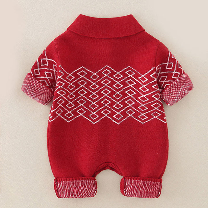 Buddha Stones Fall Winter Red Diamond Pattern Baby Girl Long Sleeve Knitted One-pieces Rompers - image 3