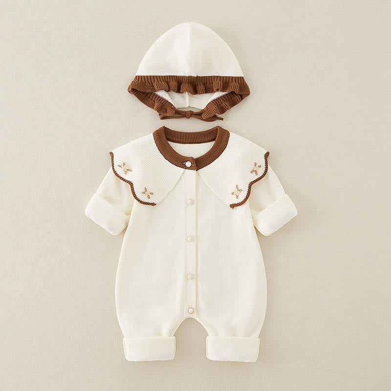 Buddha Stones Spring Fall Color Blocking Baby Girl Long Sleeve Hooded Knitted One-pieces Rompers - White - 9-12M - image 4