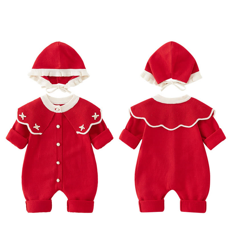 Buddha Stones Spring Fall Color Blocking Baby Girl Long Sleeve Hooded Knitted One-pieces Rompers - image 3