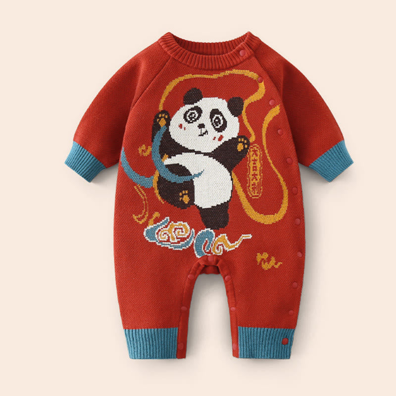 Buddha Stones Fall Winter Red Panda Pattern Baby Boy Girl Cotton Long Sleeve Knitted One-pieces Rompers - image 3