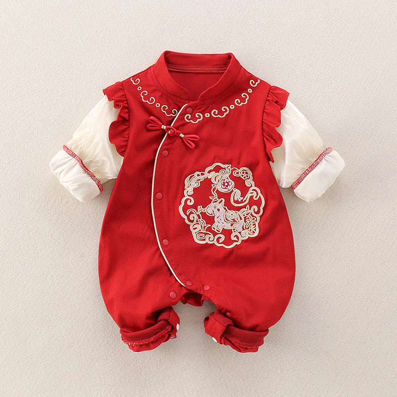 Buddha Stones Spring Fall Red Cute Year of the Horse Pony Design Baby Girl Cotton Long Sleeve One-pieces Rompers - image 1
