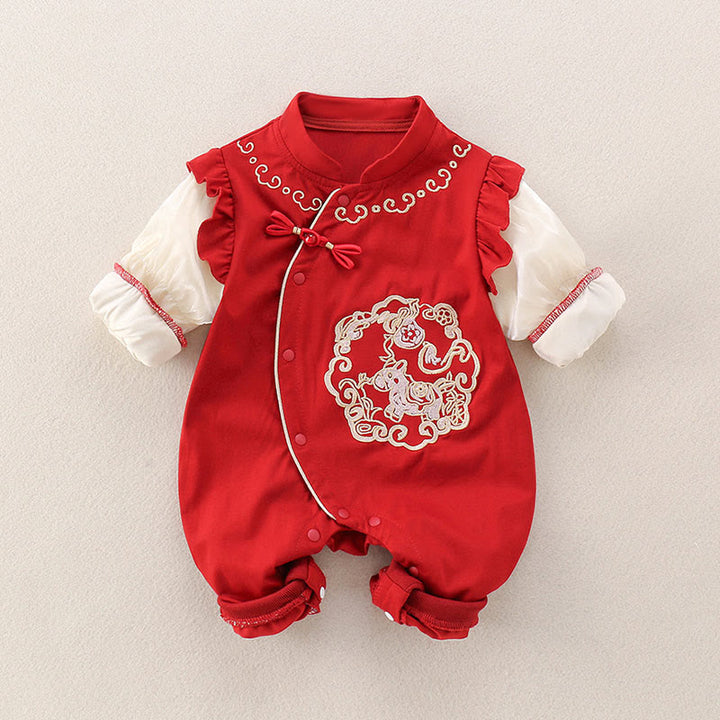 Buddha Stones Spring Fall Red Cute Year of the Horse Pony Design Baby Girl Cotton Long Sleeve One-pieces Rompers - image 1