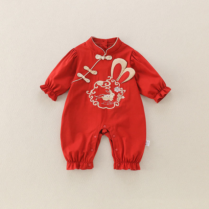 Buddha Stones Spring Fall Red Rabbit Design Baby Girl Cotton Long Sleeve One-pieces Rompers - Red - 10-15M - image 0