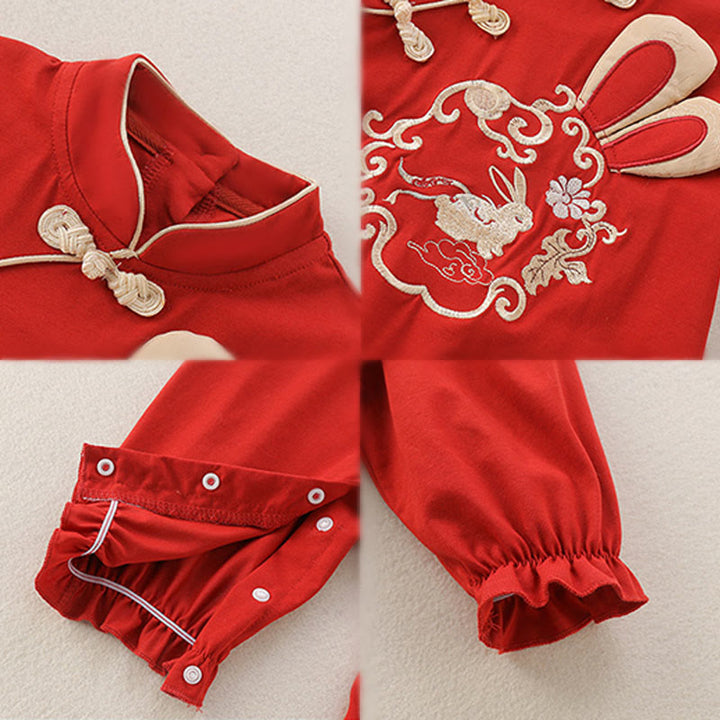 Buddha Stones Spring Fall Red Rabbit Design Baby Girl Cotton Long Sleeve One-pieces Rompers - image 4