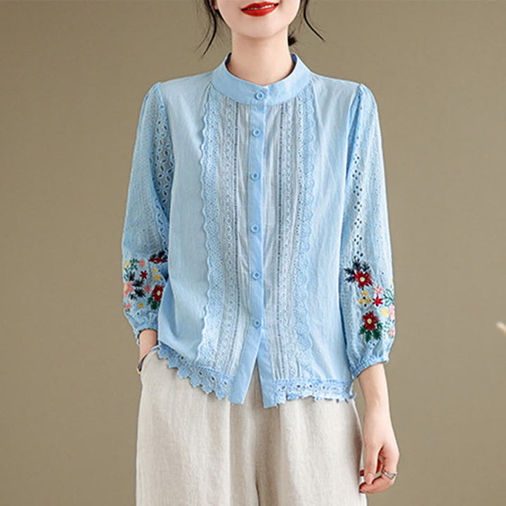 Buddha Stones Fall Lace Embroidery Flower Leaf Pattern Stand Collar Buttons Women's Long Sleeve Shirt - image 2