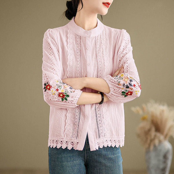 Buddha Stones Fall Lace Embroidery Flower Leaf Pattern Stand Collar Buttons Women's Long Sleeve Shirt - image 16