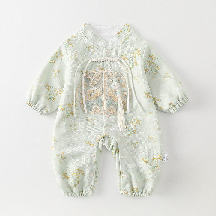 Buddha Stones Spring Fall Bamboo Flowers Design Baby Girl Cotton Long Sleeve One-pieces Rompers - Honeydew - 9-18M - image 0