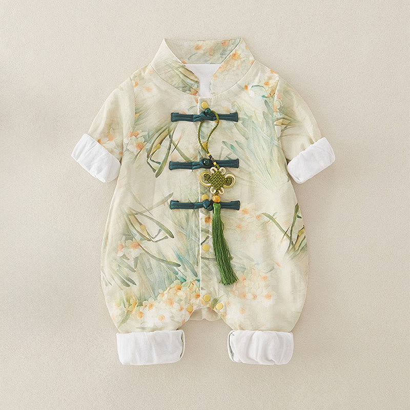 Buddha Stones Spring Fall Beige Flowers Green Grass Design Baby Girl Cotton Long Sleeve One-pieces Rompers - image 1