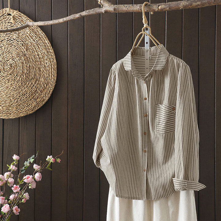 Buddha Stones Fall Stripe Stand Collar Buttons Women's Long Sleeve Shirt With Pocket - image 2