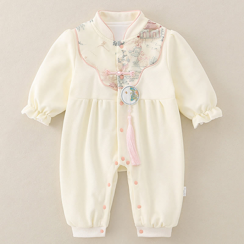 Buddha Stones Spring Fall Pavilion Design Baby Girl Cotton Long Sleeve One-pieces Rompers - Beige - 9-12M - image 0
