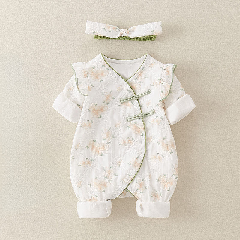 Buddha Stones Spring Fall Light Yellow Flowers V-Neck Design Baby Girl Cotton Long Sleeve One-pieces Rompers - Linen - 9-12M - image 0