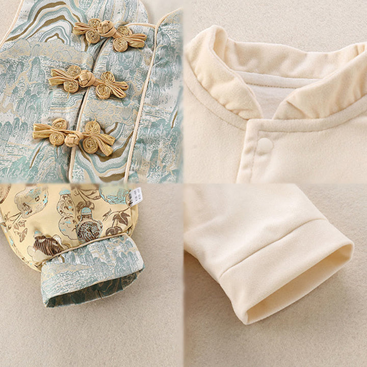 Buddha Stones 3Pcs Winter Mountains Bottles Design Baby Boy Cotton Long Sleeve Tang Suit Vest Jacket Elastic Waist Pants Outfit Sets - image 5