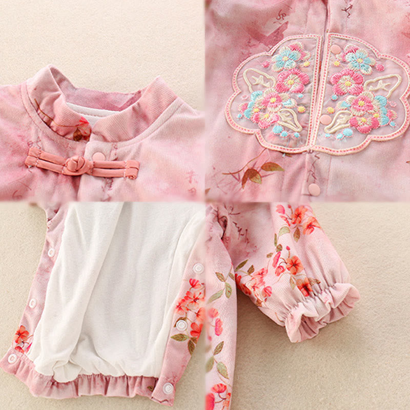 Buddha Stones Spring Fall Pink Red Flowers Green Leaves Design Baby Girl Cotton Long Sleeve One-pieces Rompers - image 5