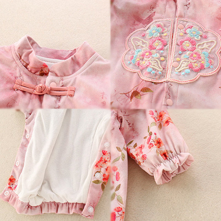 Buddha Stones Spring Fall Pink Red Flowers Green Leaves Design Baby Girl Cotton Long Sleeve One-pieces Rompers - image 5