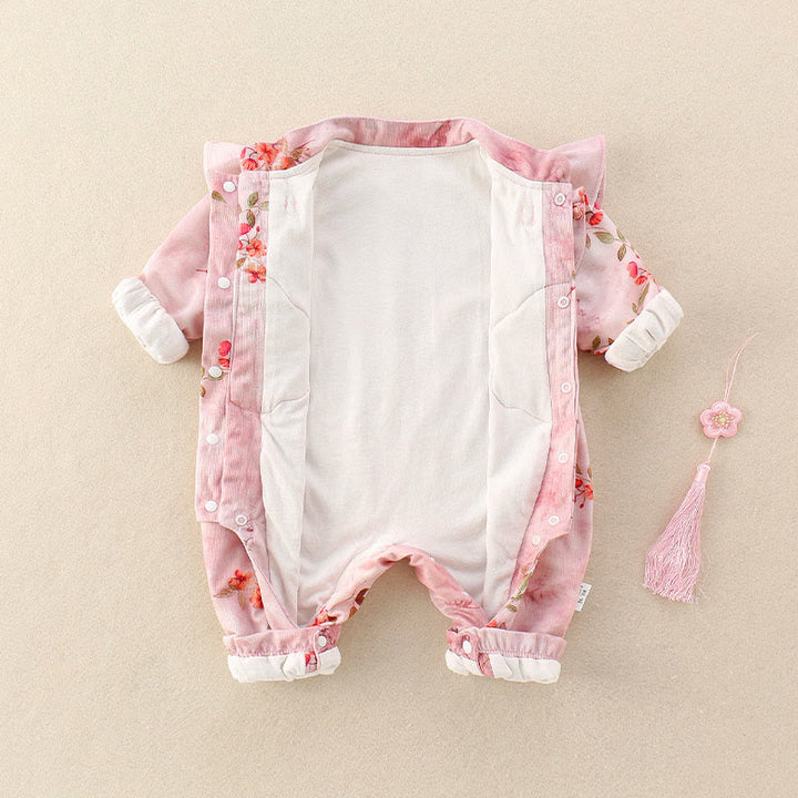 Buddha Stones Spring Fall Pink Red Flowers Green Leaves Design Baby Girl Cotton Long Sleeve One-pieces Rompers - image 4