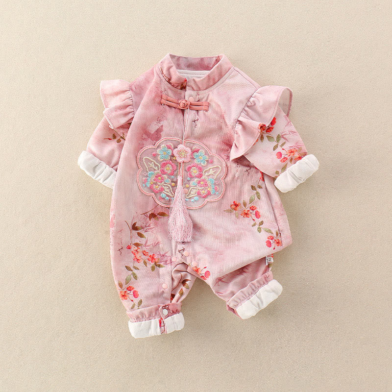 Buddha Stones Spring Fall Pink Red Flowers Green Leaves Design Baby Girl Cotton Long Sleeve One-pieces Rompers - image 3