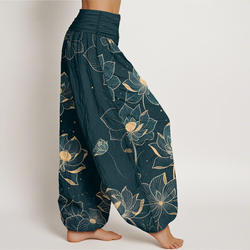 Buddha Stones Pure Cotton Delicate Lotus Pattern Women's Elastic Waist Harem Pants - image 2