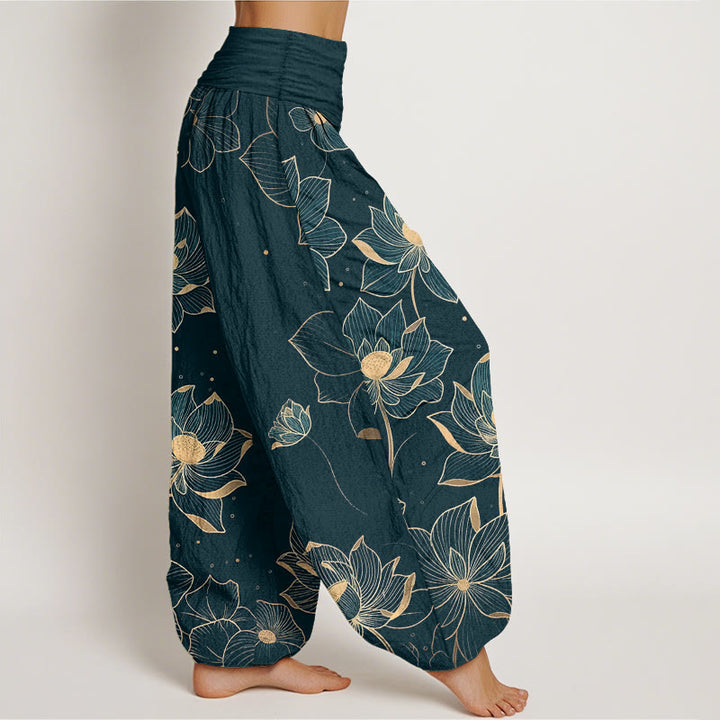 Buddha Stones Pure Cotton Delicate Lotus Pattern Women's Elastic Waist Harem Pants - image 2