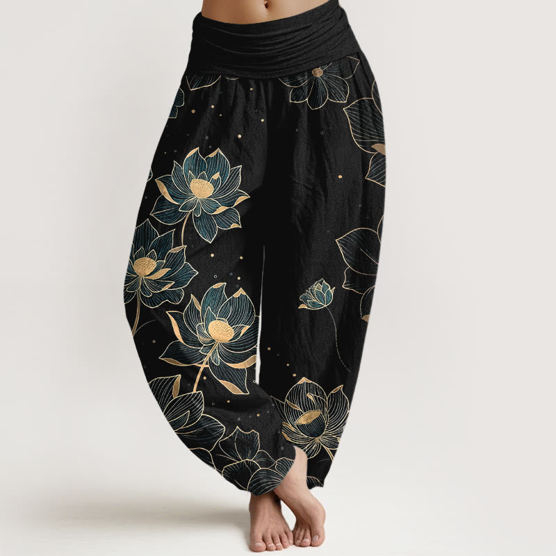 Buddha Stones Pure Cotton Delicate Lotus Pattern Women's Elastic Waist Harem Pants - Black - US16，UK/AU20，EU48 (3XL) - image 5