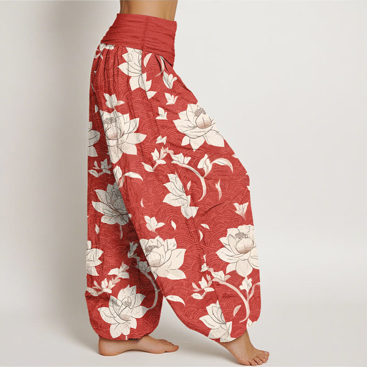 Buddha Stones Pure Cotton Beige Lotus Pattern Women's Elastic Waist Harem Pants - image 2