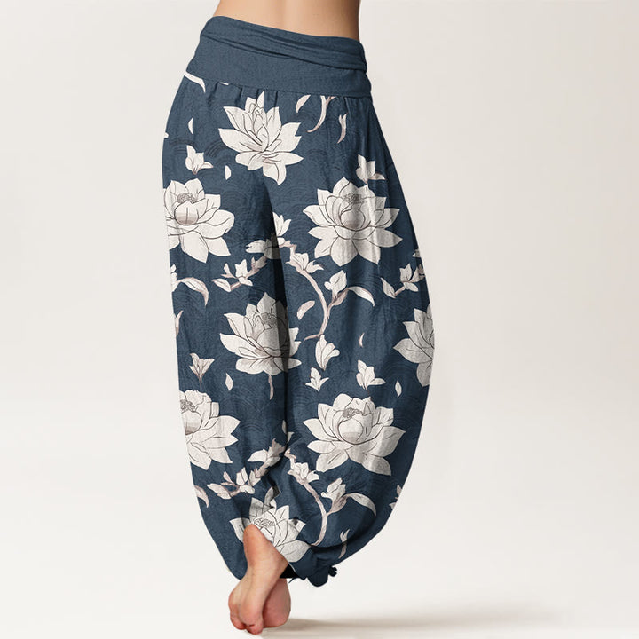 Buddha Stones Pure Cotton Beige Lotus Pattern Women's Elastic Waist Harem Pants - image 6