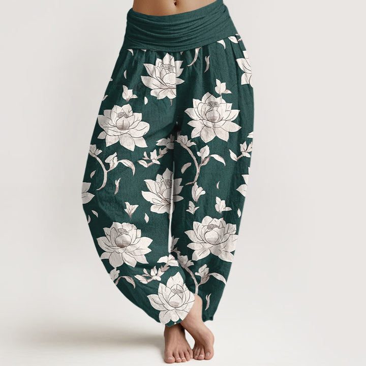 Buddha Stones Pure Cotton Beige Lotus Pattern Women's Elastic Waist Harem Pants - DarkGreen - US16，UK/AU20，EU48 (3XL) - image 8