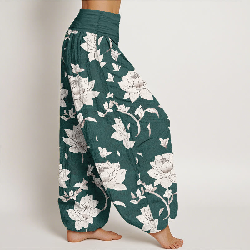 Buddha Stones Pure Cotton Beige Lotus Pattern Women's Elastic Waist Harem Pants - image 10