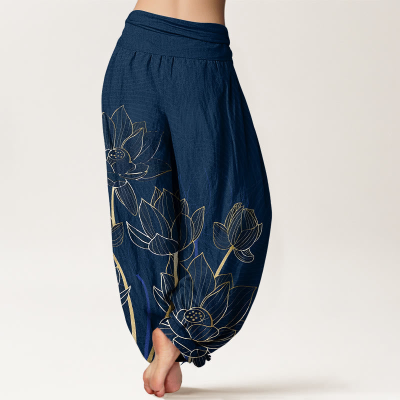 Buddha Stones Pure Cotton Minimalist Style Lotus Flower Pod Pattern Women's Elastic Waist Harem Pants - image 1