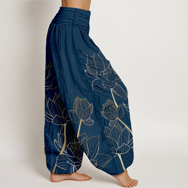 Buddha Stones Pure Cotton Minimalist Style Lotus Flower Pod Pattern Women's Elastic Waist Harem Pants - image 2
