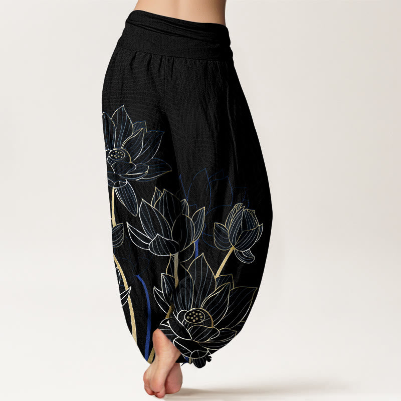 Buddha Stones Pure Cotton Minimalist Style Lotus Flower Pod Pattern Women's Elastic Waist Harem Pants - image 6