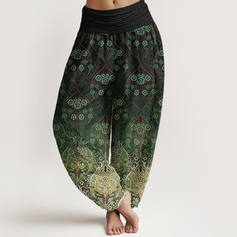 Buddha Stones Pure Cotton Retro Flower Pattern Women's Elastic Waist Harem Pants - DarkGreen - US16，UK/AU20，EU48 (3XL) - image 8