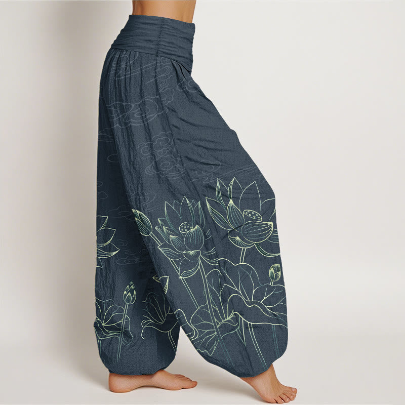 Buddha Stones Pure Cotton Concise Lotus Flower Leaf Pod Bud Cloud Pattern Women's Elastic Waist Harem Pants - image 7
